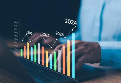 Business growth chart showing company progress with colorful bar graphs from 2021 to 2024