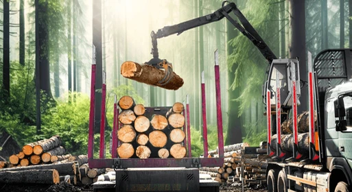 Professional logging truck with hydraulic crane loading cut logs in forest environment